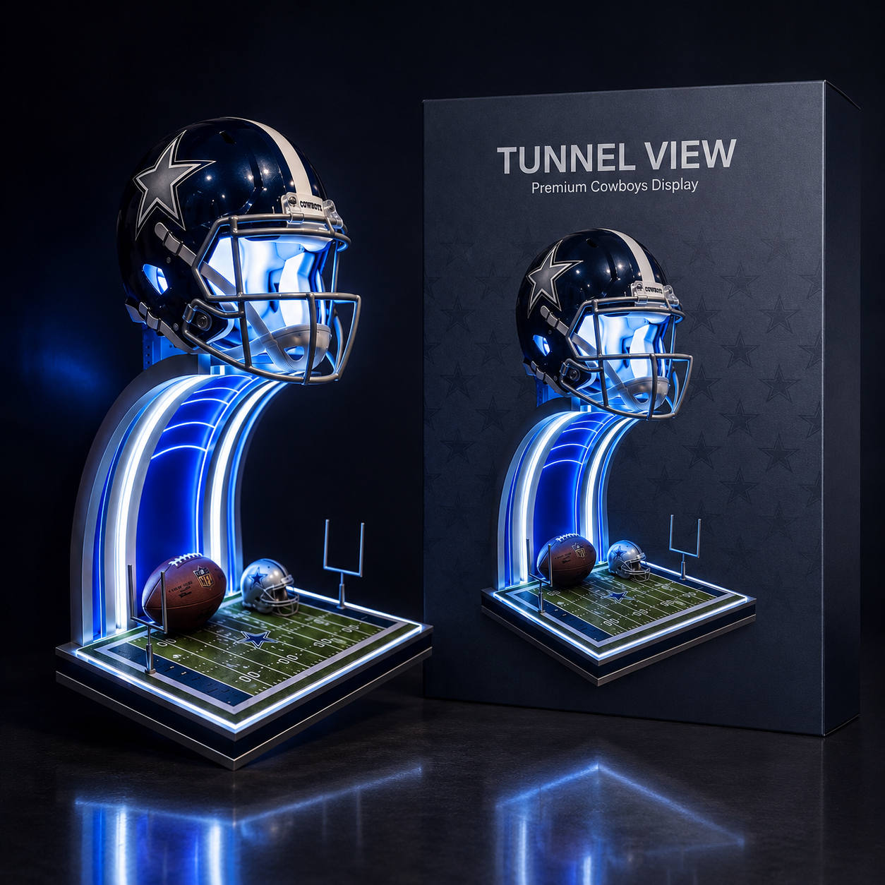 Tunnel View LED wall display glowing blue in a dark fan cave